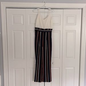 Vertical striped waist paper bag jumpsuit